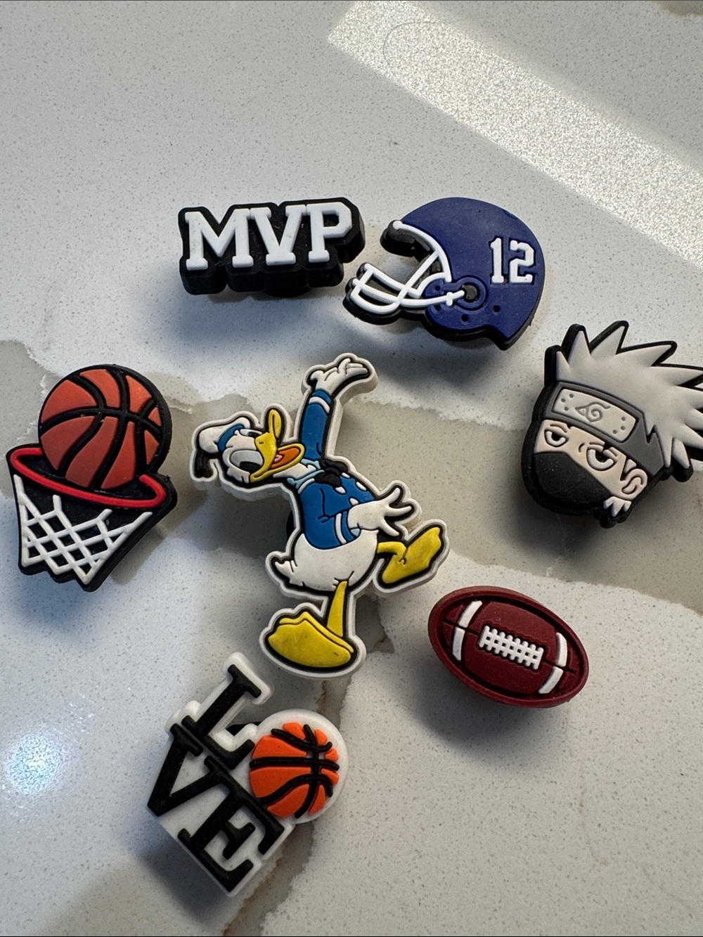 7 Assorted Cartoon & Sports Shoe Charms Basketball, Football, Donald Duck, MVP